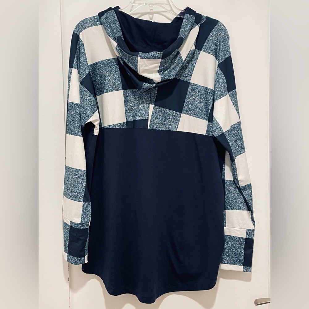 LuLaRoe “Amber” Navy and White Checkered & Solid Prints Pullover Hoodie. EUC - Picture 8 of 15